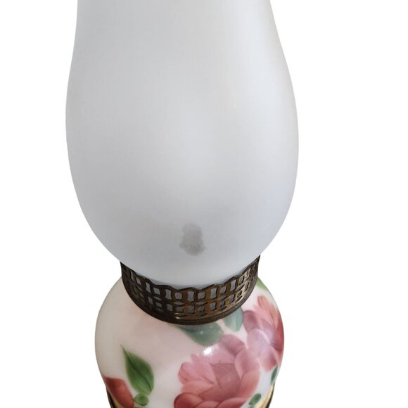 Vintage Floral Glass Hurricane Lamps With Hand-Painted Roses & Frosted Chimneys - Picture 5 of 5